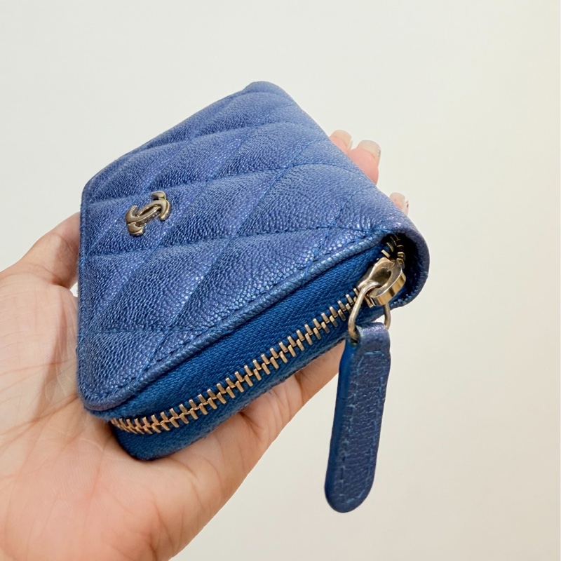 chanel 香奈兒 珠光藍  金釦 荔枝皮 魚子醬 卡夾 卡包 零錢包 錢包 皮夾 短夾 ㄇ字拉 ㄇ拉-5