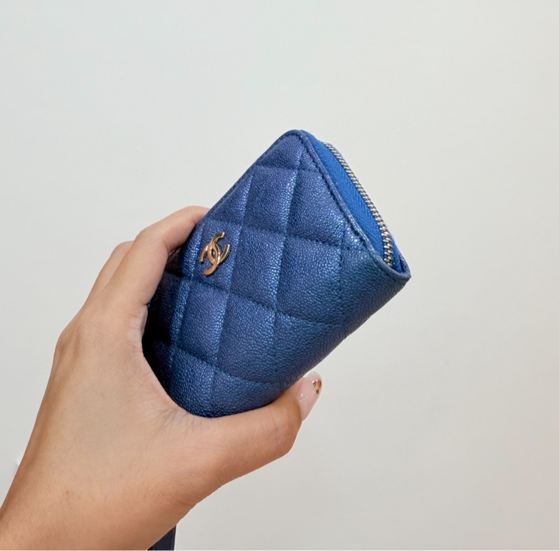 chanel 香奈兒 珠光藍  金釦 荔枝皮 魚子醬 卡夾 卡包 零錢包 錢包 皮夾 短夾 ㄇ字拉 ㄇ拉-8
