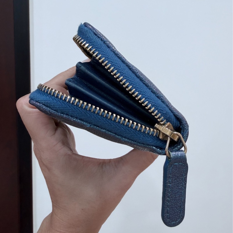 chanel 香奈兒 珠光藍  金釦 荔枝皮 魚子醬 卡夾 卡包 零錢包 錢包 皮夾 短夾 ㄇ字拉 ㄇ拉-9