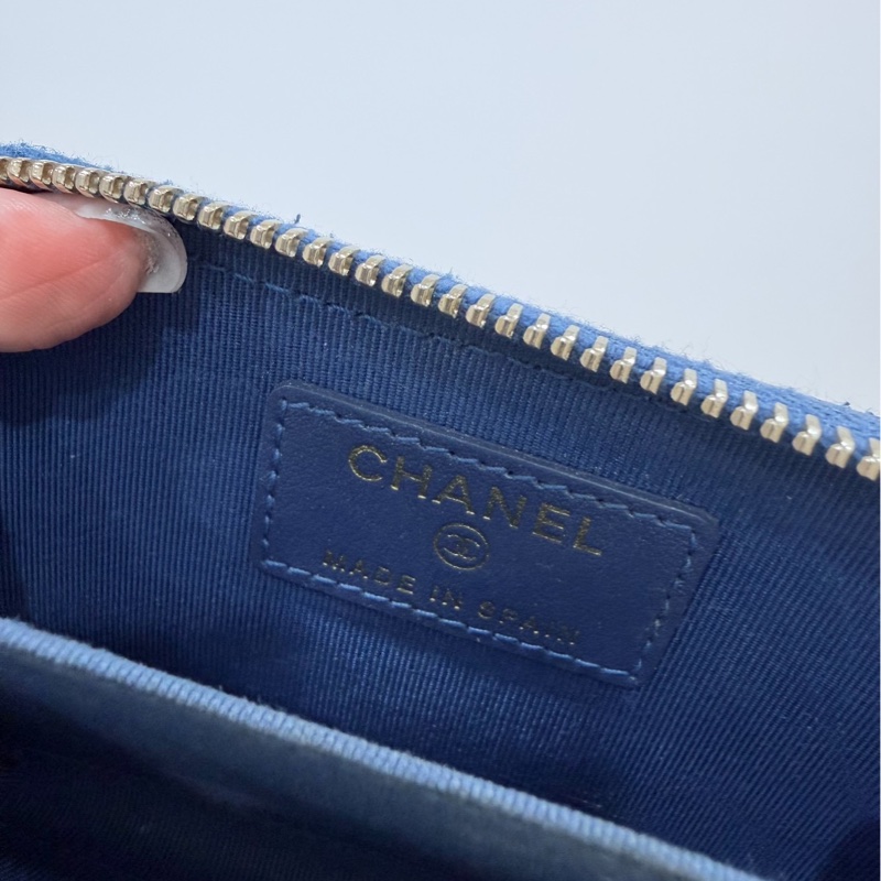 chanel 香奈兒 珠光藍  金釦 荔枝皮 魚子醬 卡夾 卡包 零錢包 錢包 皮夾 短夾 ㄇ字拉 ㄇ拉-11