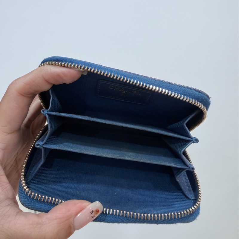 chanel 香奈兒 珠光藍  金釦 荔枝皮 魚子醬 卡夾 卡包 零錢包 錢包 皮夾 短夾 ㄇ字拉 ㄇ拉-12