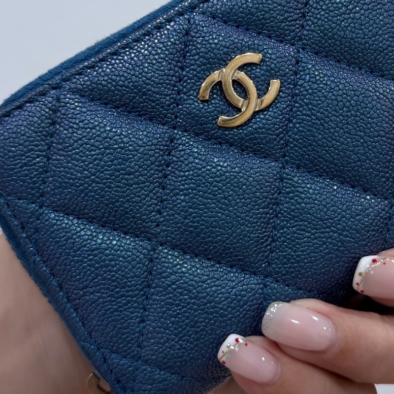 chanel 香奈兒 珠光藍  金釦 荔枝皮 魚子醬 卡夾 卡包 零錢包 錢包 皮夾 短夾 ㄇ字拉 ㄇ拉-14