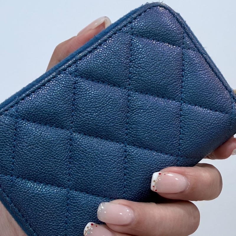 chanel 香奈兒 珠光藍  金釦 荔枝皮 魚子醬 卡夾 卡包 零錢包 錢包 皮夾 短夾 ㄇ字拉 ㄇ拉-15