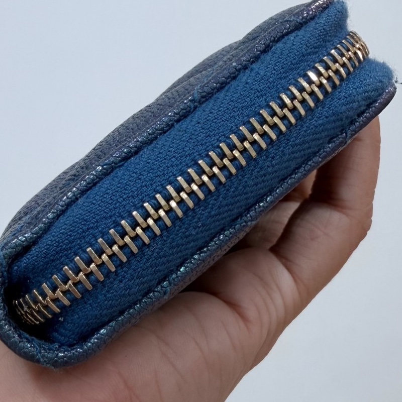 chanel 香奈兒 珠光藍  金釦 荔枝皮 魚子醬 卡夾 卡包 零錢包 錢包 皮夾 短夾 ㄇ字拉 ㄇ拉-16