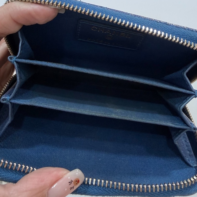 chanel 香奈兒 珠光藍  金釦 荔枝皮 魚子醬 卡夾 卡包 零錢包 錢包 皮夾 短夾 ㄇ字拉 ㄇ拉-19