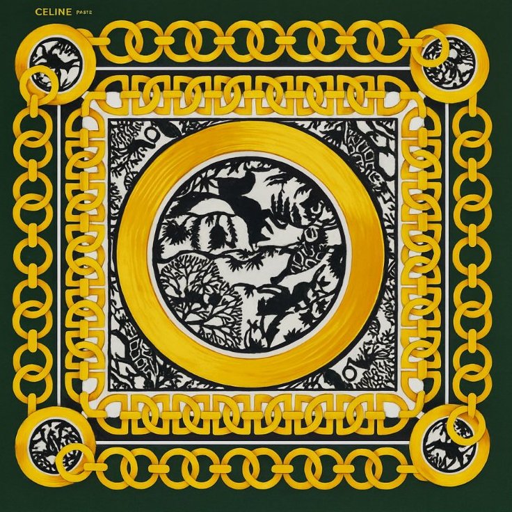 Celine 思琳 黑色絲巾 金色鎖鏈 動物森林 絲巾 大方巾 圍巾 披肩-0