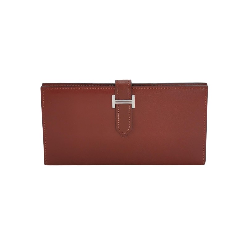 Hermes Bearn標誌H祥帶錢包Box Calf 牛皮銀扣57波爾多酒紅框刻-0