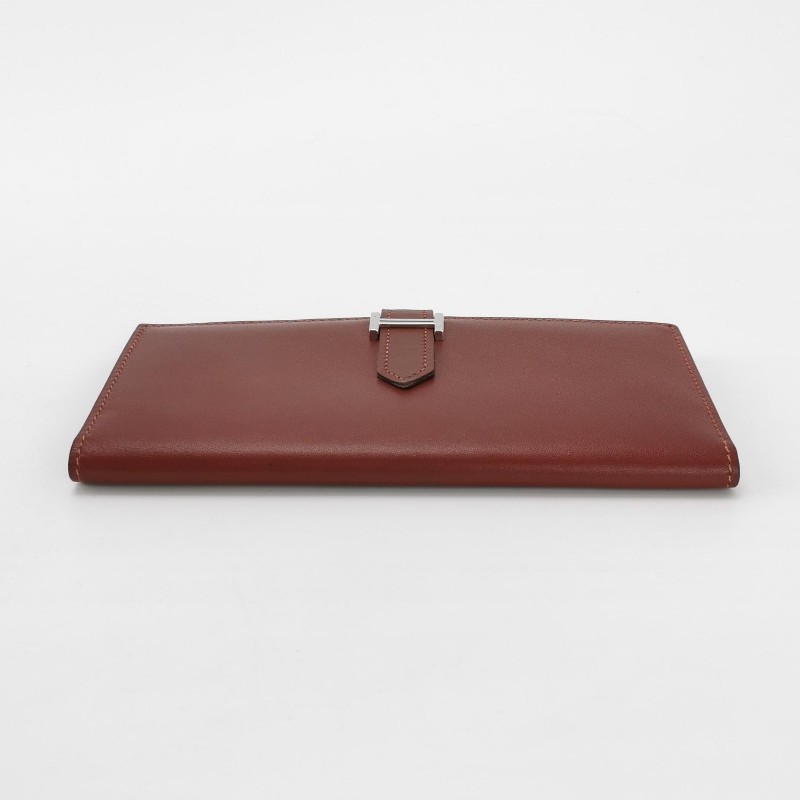 Hermes Bearn標誌H祥帶錢包Box Calf 牛皮銀扣57波爾多酒紅框刻-4