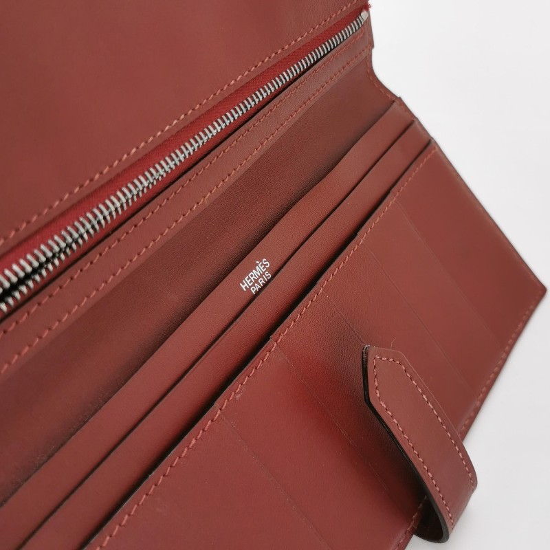 Hermes Bearn標誌H祥帶錢包Box Calf 牛皮銀扣57波爾多酒紅框刻-6