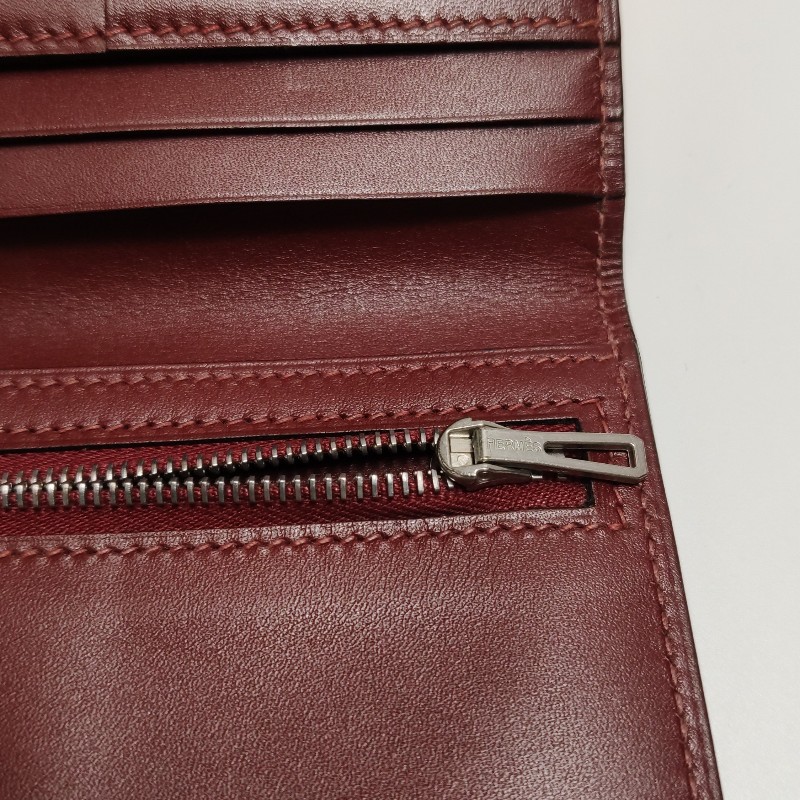 Hermes Bearn標誌H祥帶錢包Box Calf 牛皮銀扣57波爾多酒紅框刻-8