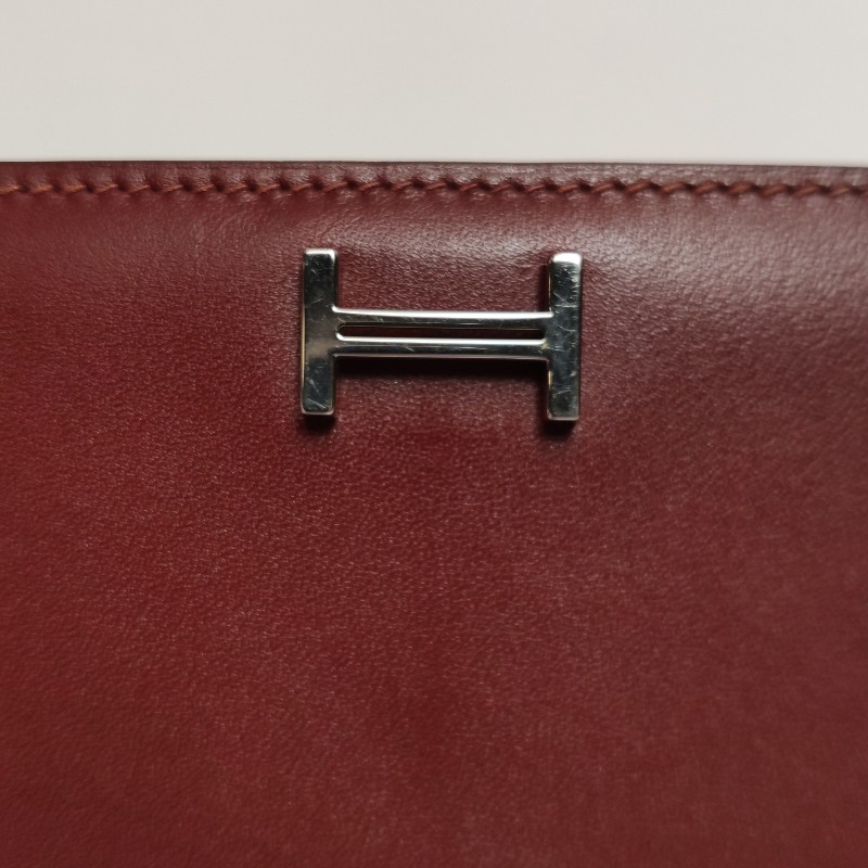Hermes Bearn標誌H祥帶錢包Box Calf 牛皮銀扣57波爾多酒紅框刻-9