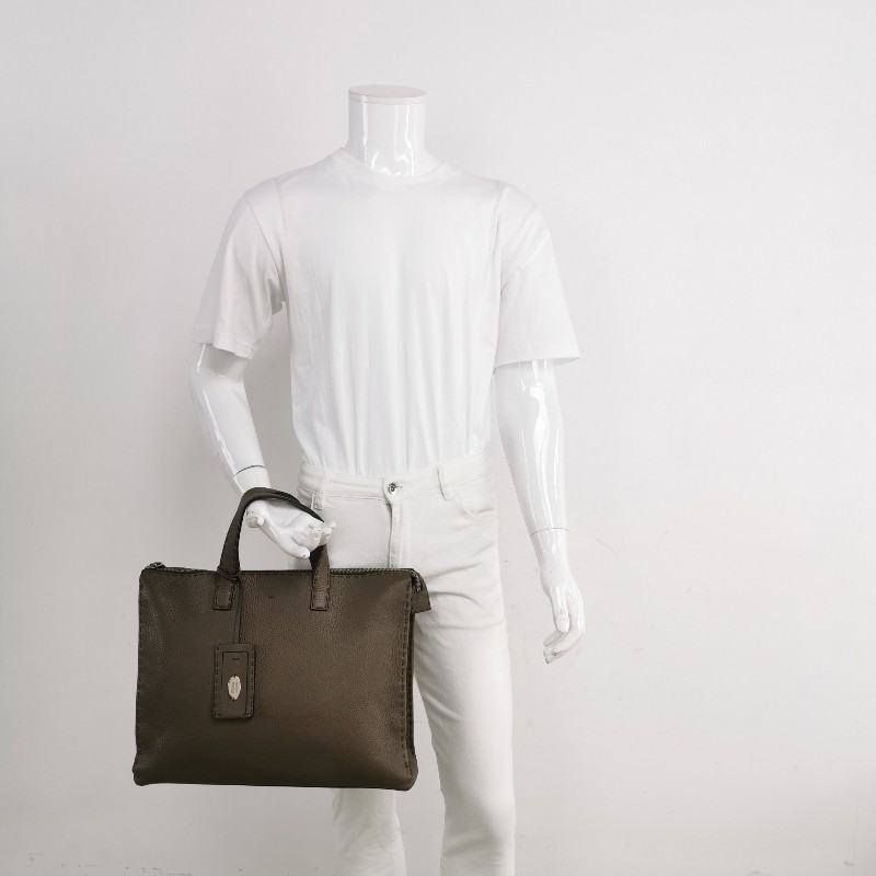 Fendi 牛皮純色拉鍊明線裝飾公文包手提包-1