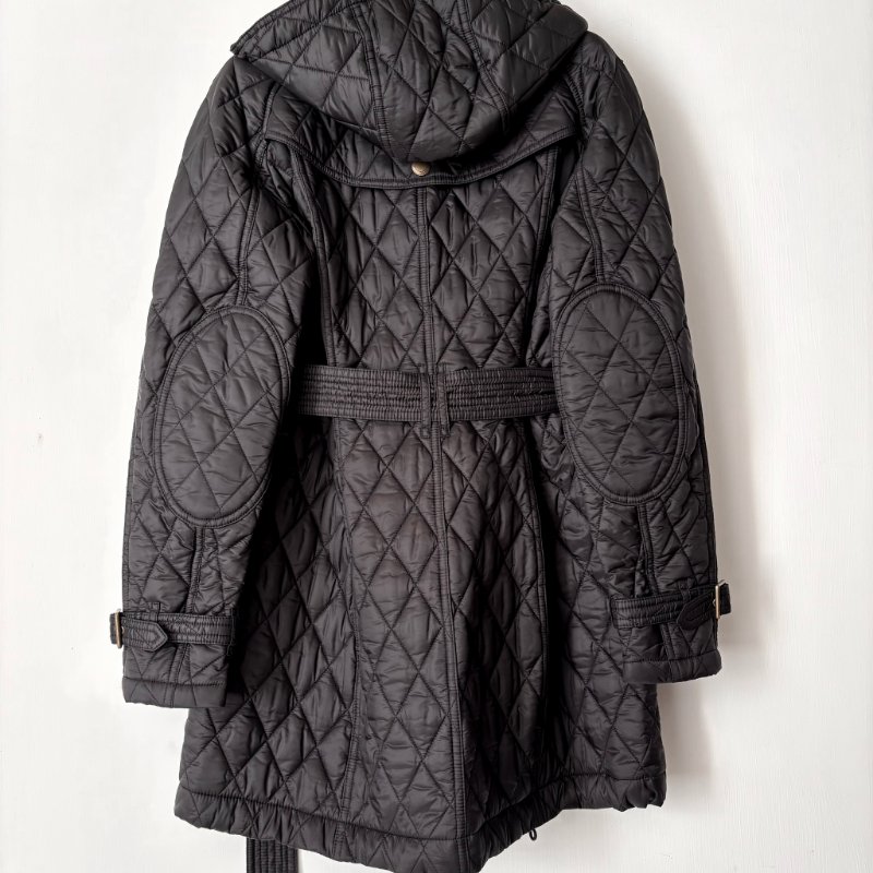 ::BURBERRY:: 黑色絎縫經典格紋 長板風衣 連帽外套 S號-1