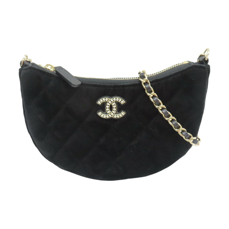 黑色 菱格 絨布 鍊帶 肩背包【CHANEL 香奈兒】-0