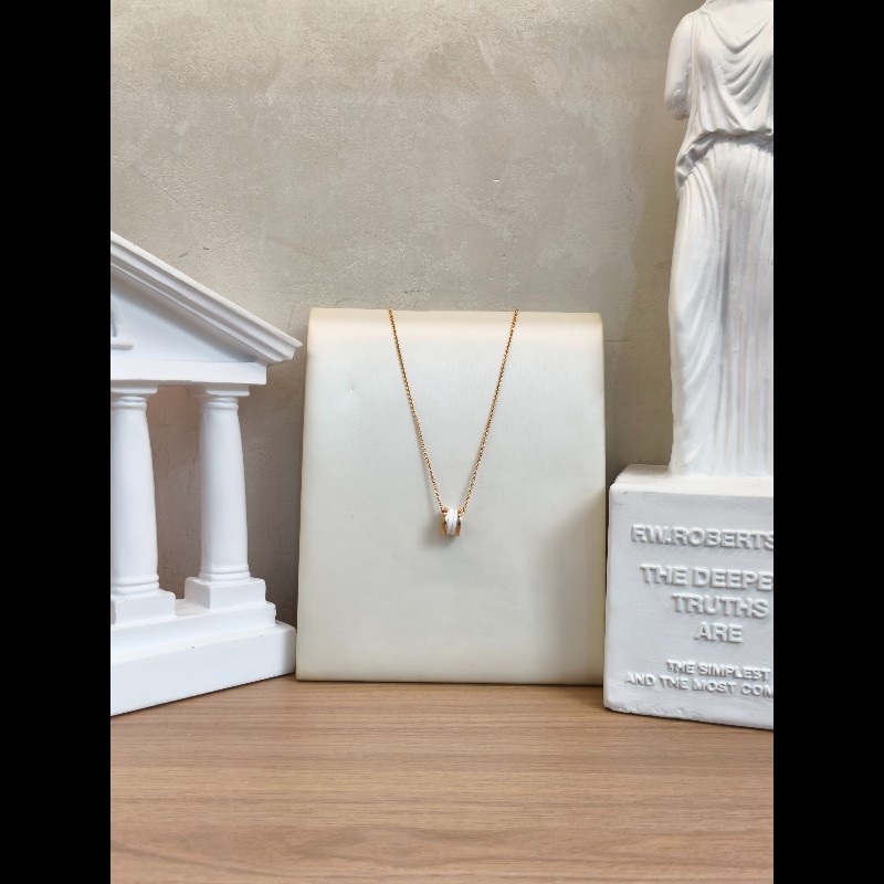 Bvlgari 白陶瓷彈簧項鍊 玫瑰金 鏈長46cm-0