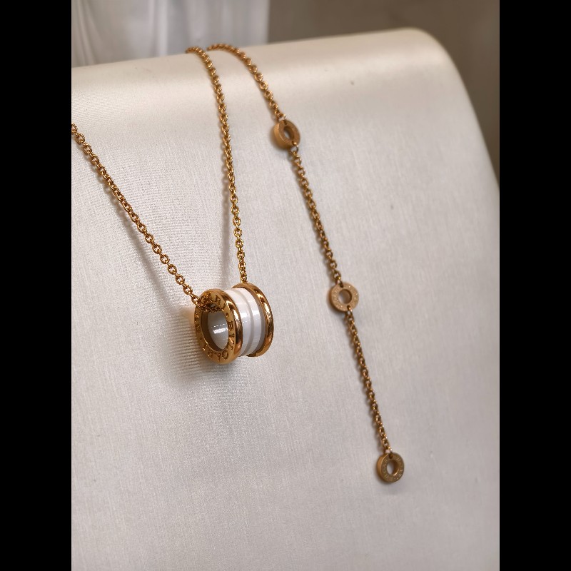 Bvlgari 白陶瓷彈簧項鍊 玫瑰金 鏈長46cm-2