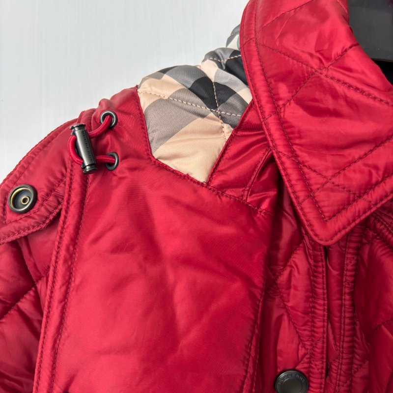 ::BURBERRY:: 紅色絎縫經典格紋 風衣連帽外套 XS號-6