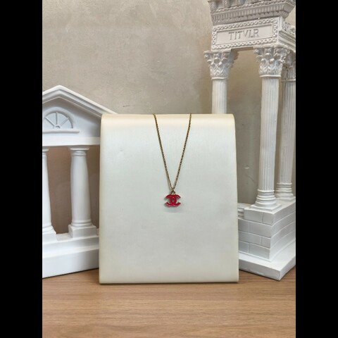 Chanel經典雙C琺瑯項鍊 玫紅色 鏈長約42cm