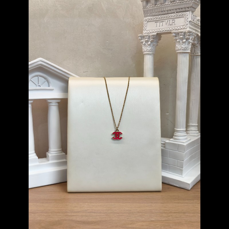 Chanel經典雙C琺瑯項鍊 玫紅色 鏈長約42cm-0