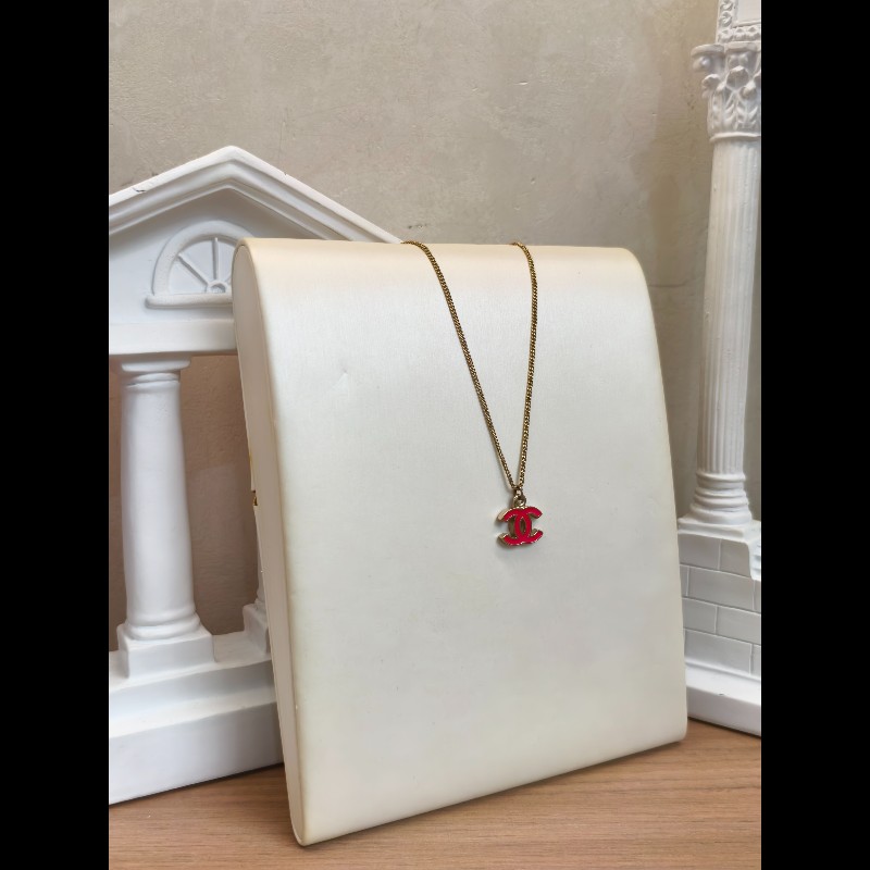 Chanel經典雙C琺瑯項鍊 玫紅色 鏈長約42cm-1