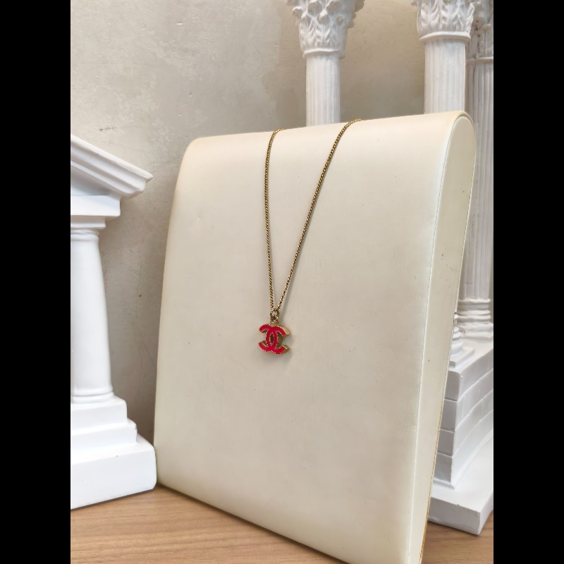 Chanel經典雙C琺瑯項鍊 玫紅色 鏈長約42cm-2