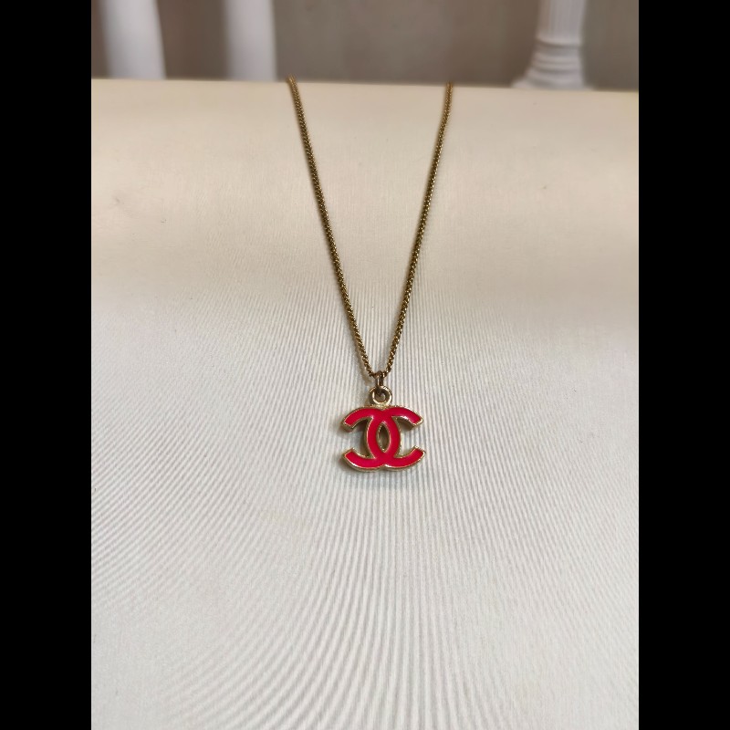 Chanel經典雙C琺瑯項鍊 玫紅色 鏈長約42cm-3