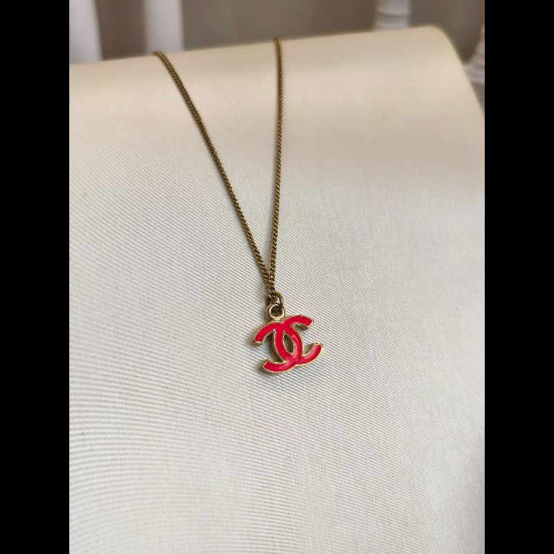 Chanel經典雙C琺瑯項鍊 玫紅色 鏈長約42cm-4