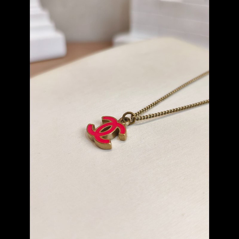 Chanel經典雙C琺瑯項鍊 玫紅色 鏈長約42cm-6