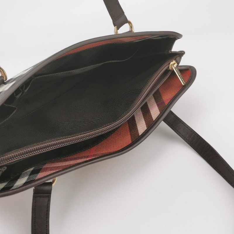 Burberry 牛皮帆布拼色格紋單肩包-6