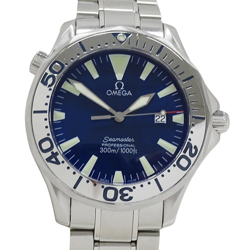 歐米茄海馬系列 2265.80 男士腕錶，品牌專業，300米防水，日期顯示，石英機芯，QZ系列，不銹鋼錶殼，銀色錶盤，藍色錶盤，拋光處理-1