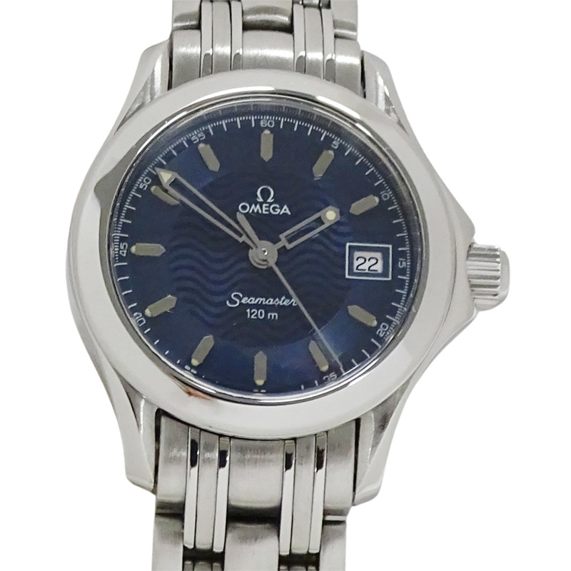 歐米茄海馬系列 2581.81 女士腕錶，120公尺防水，日期顯示，石英機芯，QZ系列，不鏽鋼錶殼，銀色，海軍藍錶盤，拋光處理-1