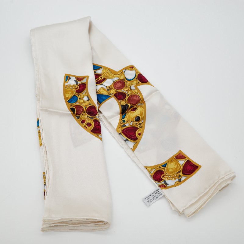 絕美❤️超稀有｜Chanel 香奈兒 CC Logo 復古 米色 彩色珠寶 絲巾 大方巾 披肩 圍巾-3