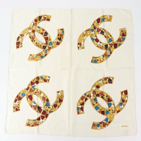 絕美❤️超稀有｜Chanel 香奈兒 CC Logo 復古 米色 彩色珠寶 絲巾 大方巾 披肩 圍巾