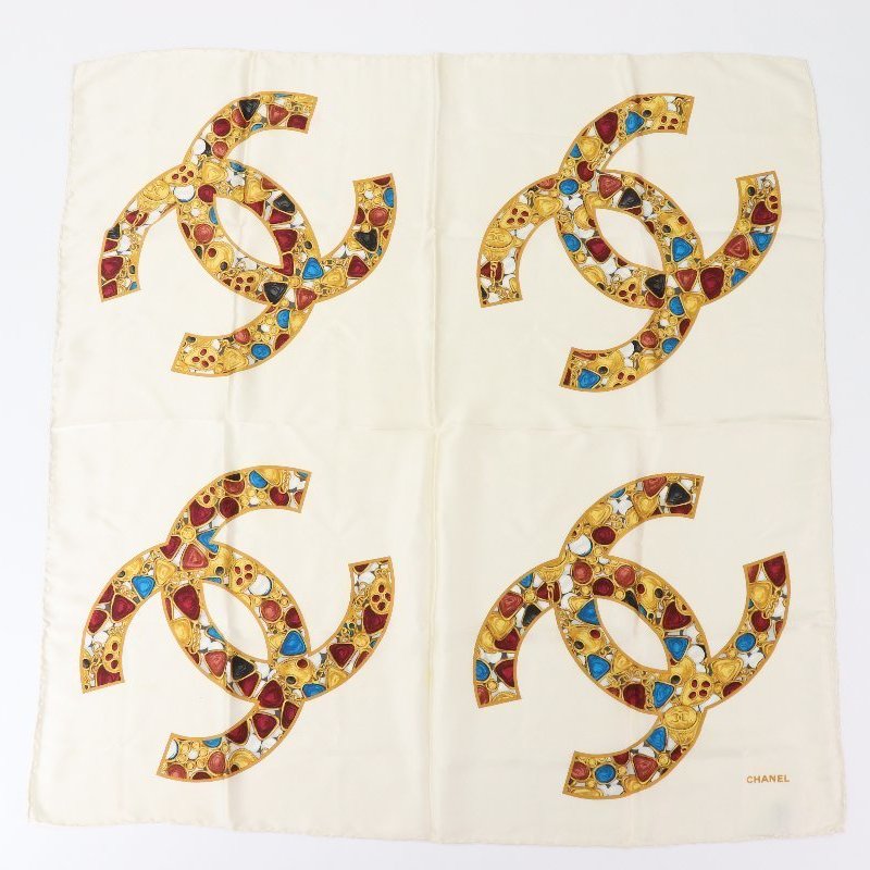 絕美❤️超稀有｜Chanel 香奈兒 CC Logo 復古 米色 彩色珠寶 絲巾 大方巾 披肩 圍巾-0