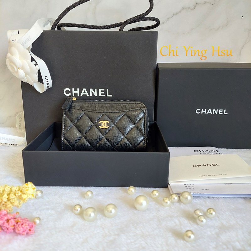 CHANEL經典金色雙C 🎀現貨實拍 🎀 LOGO菱格粒紋牛皮L型拉鍊卡夾/零錢包(黑色AP3179B)全新品-12
