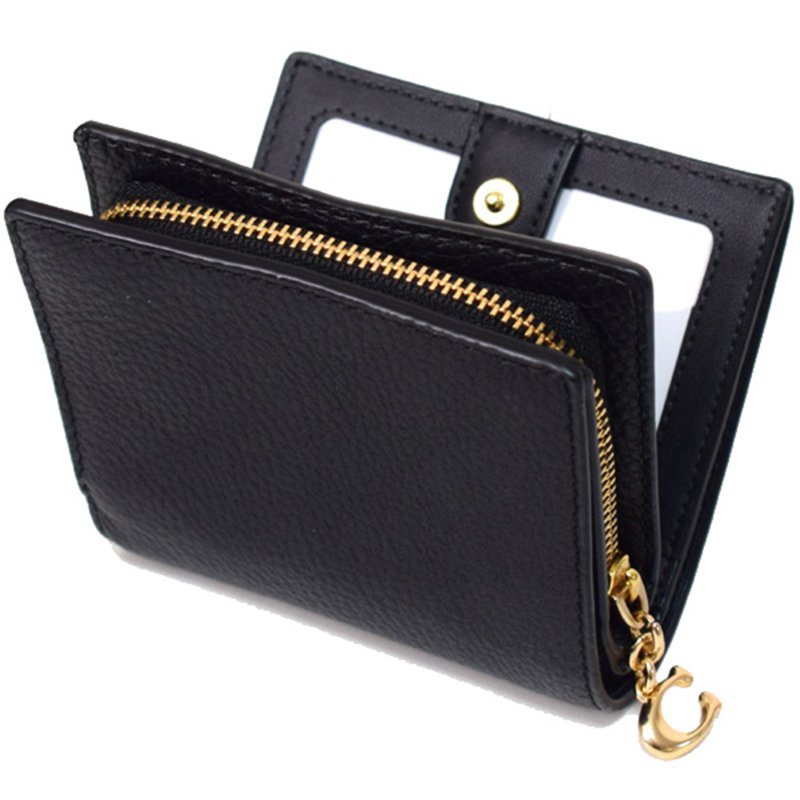 【COACH】荔枝紋皮革雙折短夾-黑色-1