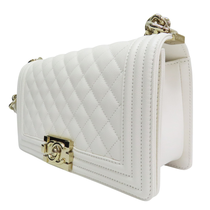 白色 菱格紋 荔枝紋 牛皮 Boy25 鏈帶肩背包 金釦【CHANEL 香奈兒】 A67086-2