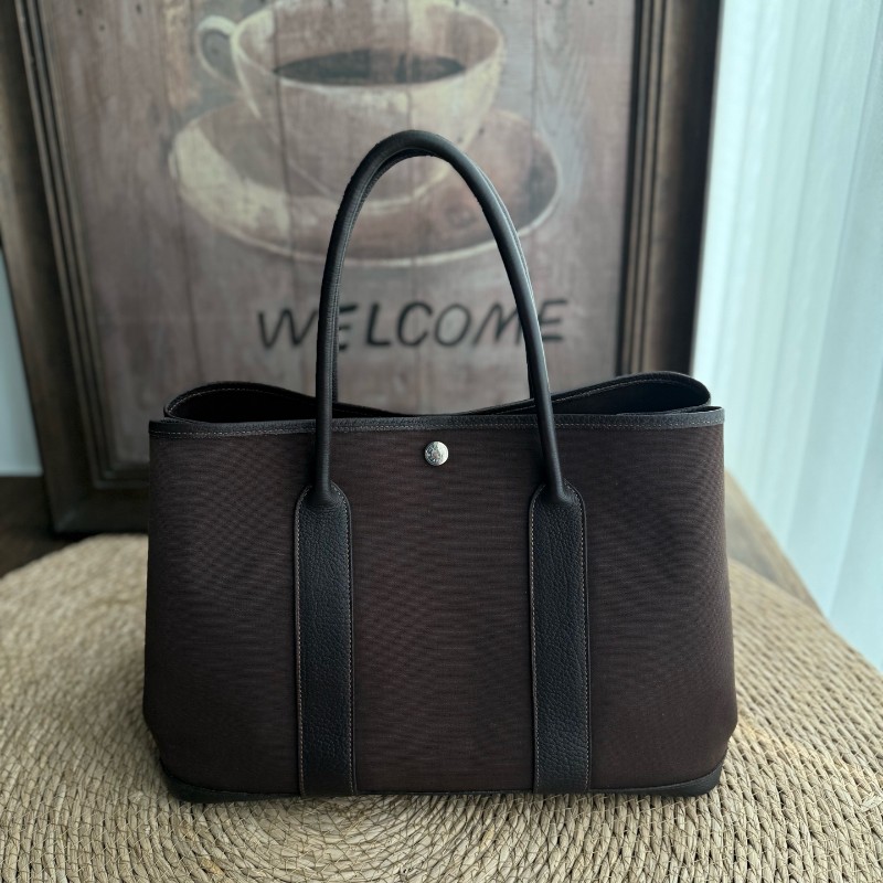 Hermes Garden Party 36 帆布拼皮 巧克力色 手提包-0