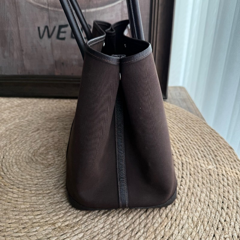 Hermes Garden Party 36 帆布拼皮 巧克力色 手提包-14