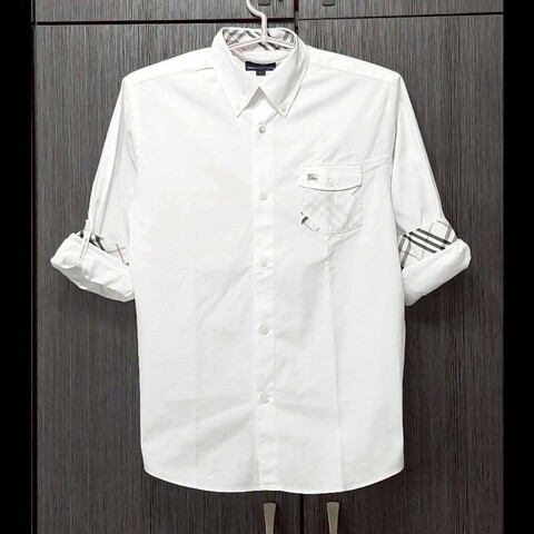 (日本製MIJ)絕版BURBERRY博柏利 LONDON BLUE LABEL 藍標 戰馬 男白色經典格紋捲袖襯衫L