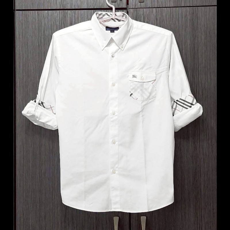 (日本製MIJ)絕版BURBERRY博柏利 LONDON BLUE LABEL 藍標 戰馬 男白色經典格紋捲袖襯衫L-0