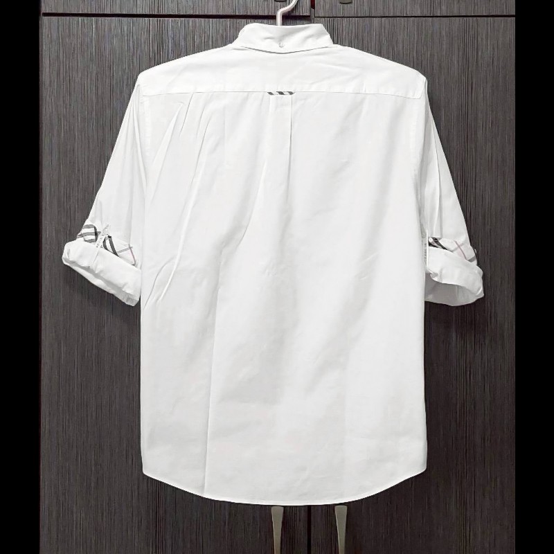 (日本製MIJ)絕版BURBERRY博柏利 LONDON BLUE LABEL 藍標 戰馬 男白色經典格紋捲袖襯衫L-1