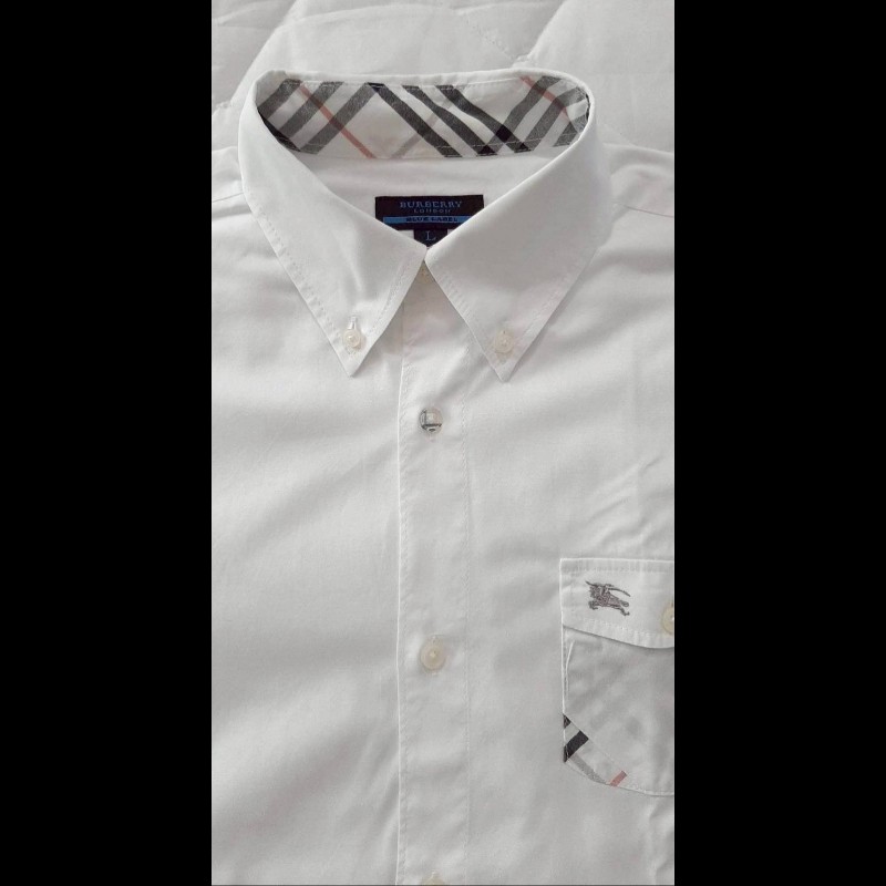 (日本製MIJ)絕版BURBERRY博柏利 LONDON BLUE LABEL 藍標 戰馬 男白色經典格紋捲袖襯衫L-2