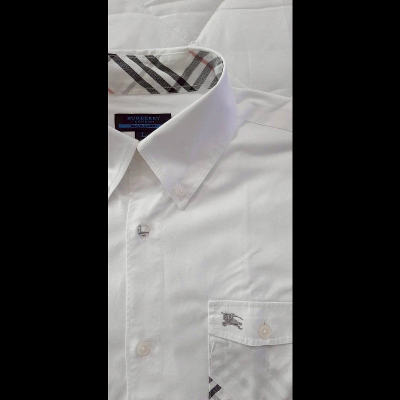 (日本製MIJ)絕版BURBERRY博柏利 LONDON BLUE LABEL 藍標 戰馬 男白色經典格紋捲袖襯衫L-4