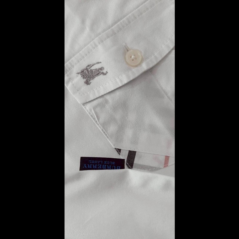 (日本製MIJ)絕版BURBERRY博柏利 LONDON BLUE LABEL 藍標 戰馬 男白色經典格紋捲袖襯衫L-5