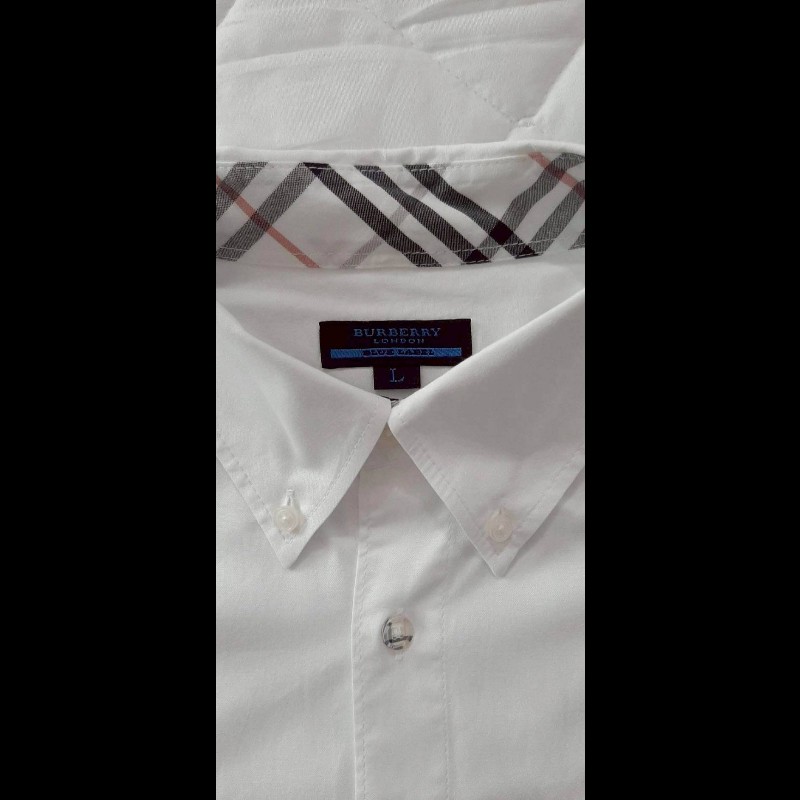 (日本製MIJ)絕版BURBERRY博柏利 LONDON BLUE LABEL 藍標 戰馬 男白色經典格紋捲袖襯衫L-7