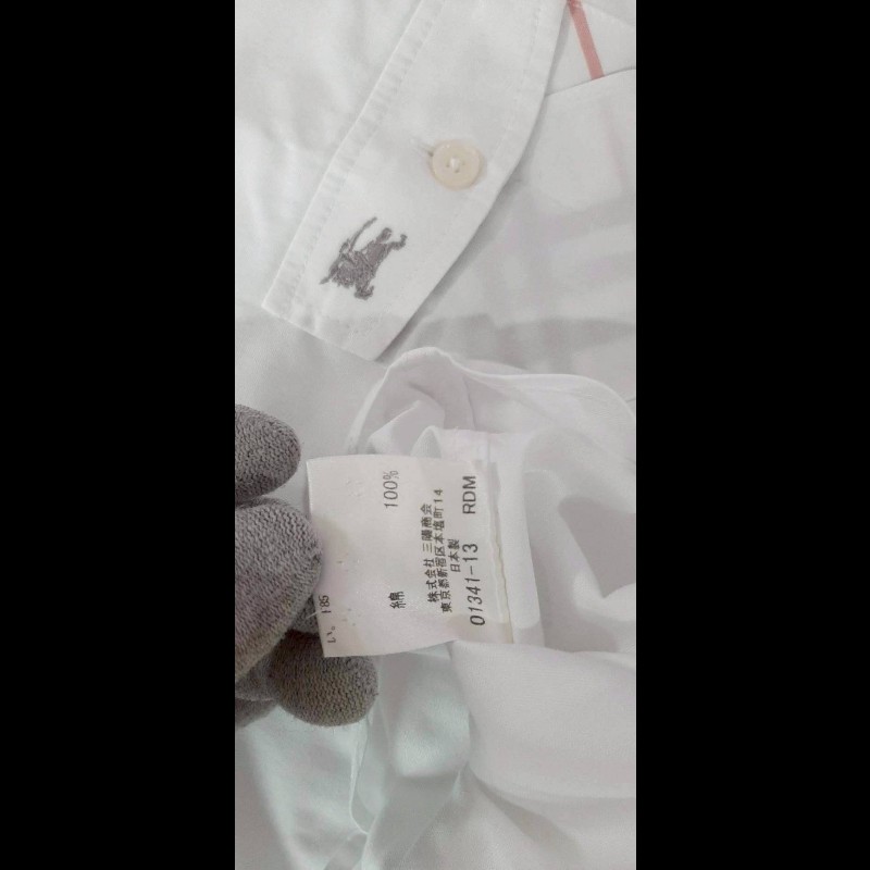 (日本製MIJ)絕版BURBERRY博柏利 LONDON BLUE LABEL 藍標 戰馬 男白色經典格紋捲袖襯衫L-9