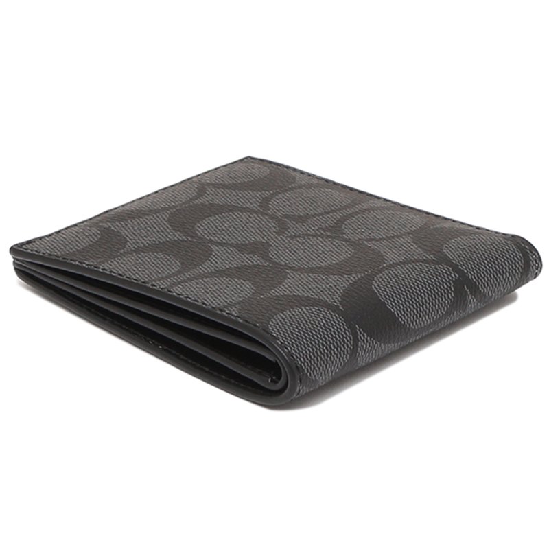 【COACH】滿版LOGO皮革六卡短夾-黑色-1