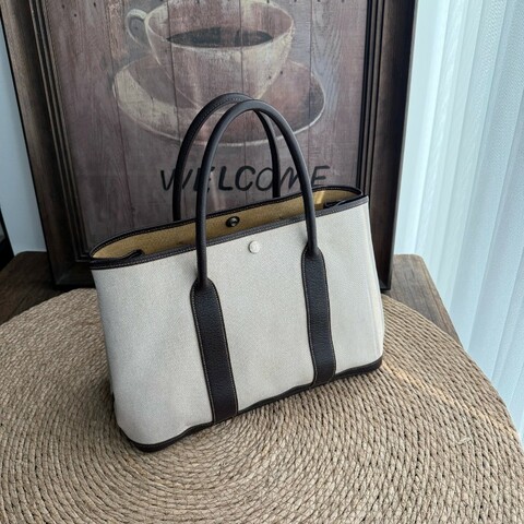 Hermes Garden Party GP36 帆布拼皮米棕色手提包