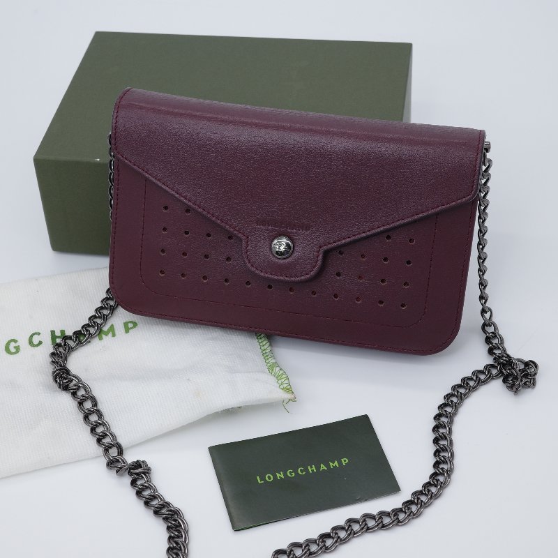 Longchamp 瓏驤 Mademoiselle 打孔翻蓋鍊帶 酒紅 牛皮 斜背包 肩背包-0